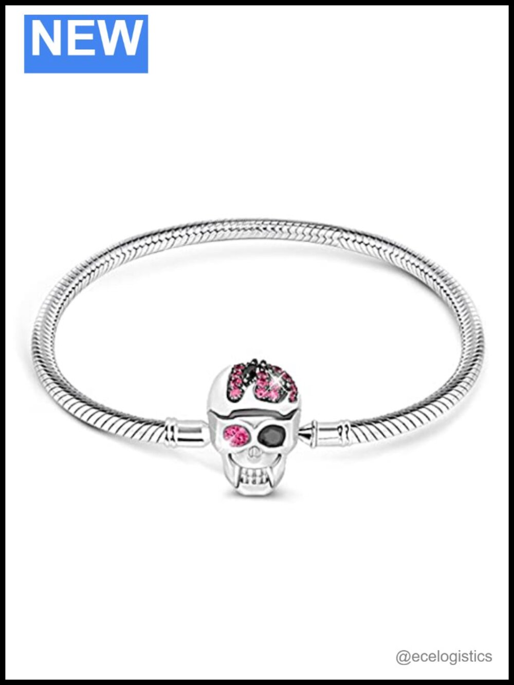 Sterling Silver Skull Charm Bracelet with Crystals Handcrafted Bangle